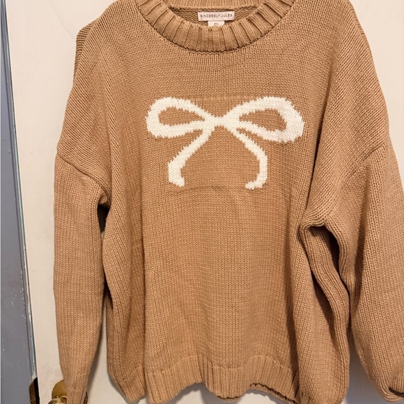 Sincerly Jules Sweaters - Sincerely Jules Tan Bow Crew Neck Sweater